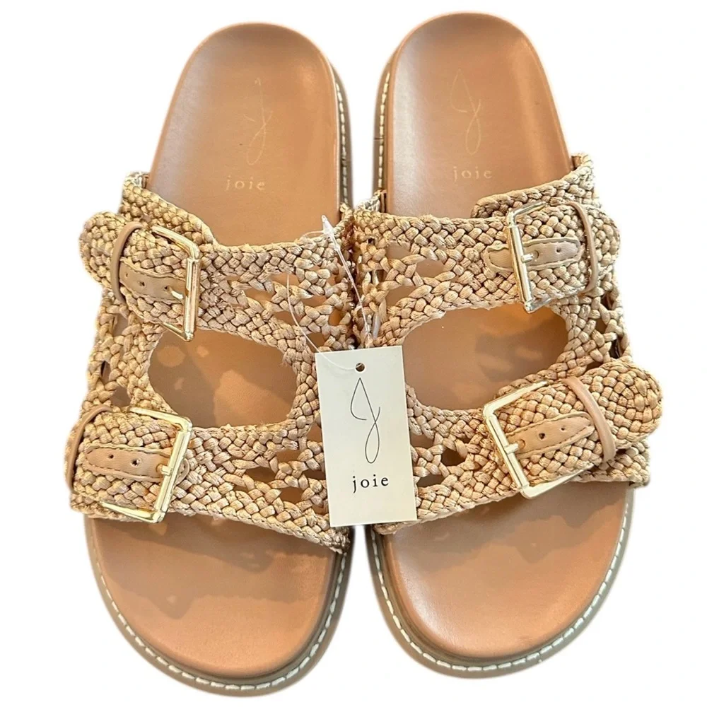 Joie Weaver Tan Beige Woven Open Weave Braided Buckle Sandals Slides 10 NWT BOX - Picture 3 of 6